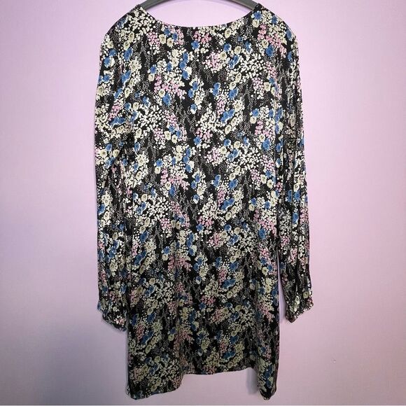 Vintage Express Slip Dress Long Sleeves Black Blue Ditsy Floral Y2K Large - Picture 5 of 8
